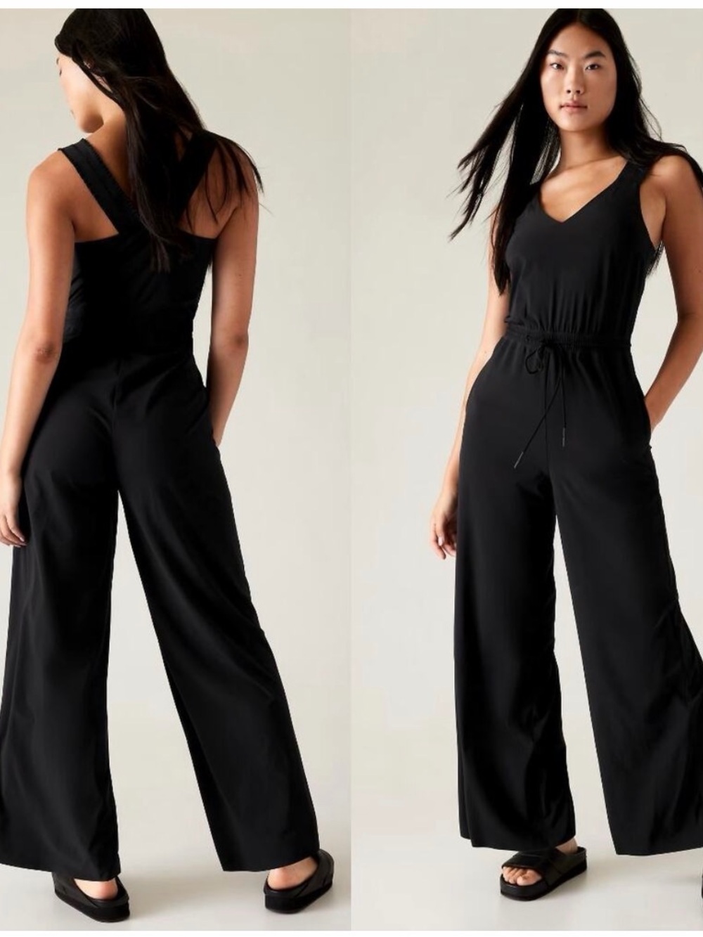 Athleta Black Sleeveless V-Neck Drawstring Jumpsuit
